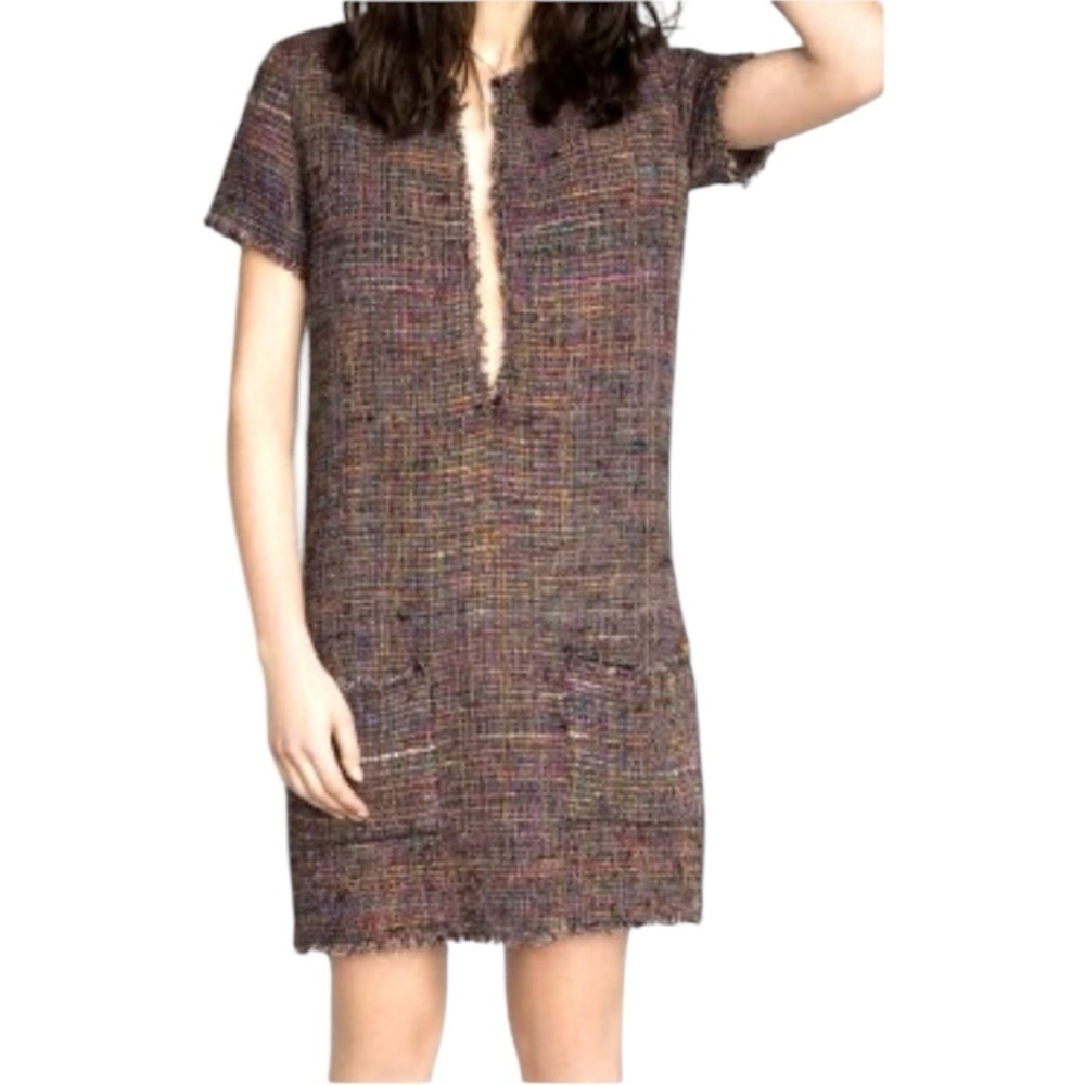 Swildens Tweed Dress Tunic With Pockets and Fringe Trim Size Medium